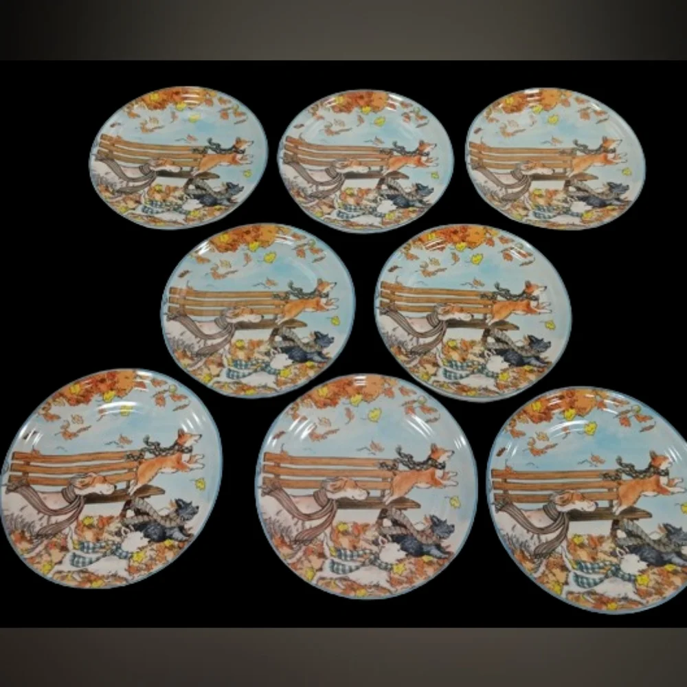*Pier 1 Autumn Park Bench Pups Plates Set of 8